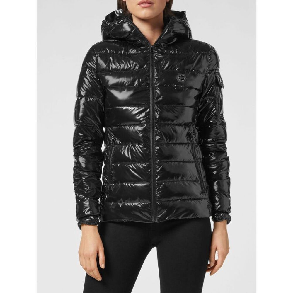 Philipp Plein Slim Fit Quilted Nylon Short Puffer Jacket With Hexagon Logo